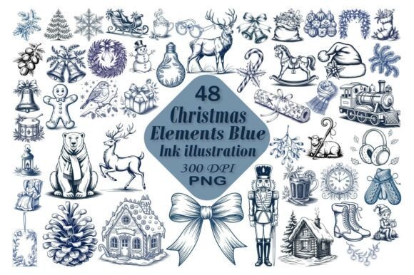 Blue Ink Christmas Elements Clipart