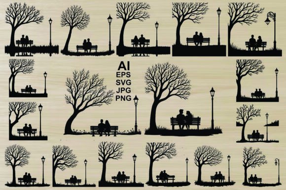 Enhancing Romantic Designs with the Couple Silhouette on a Park Bench Bundle