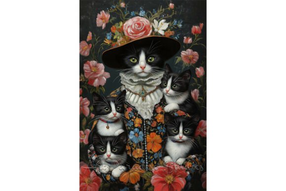 Floral Tuxedo Cat Family Wall Painting