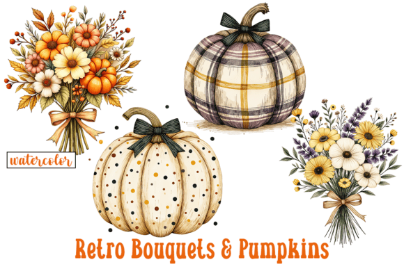 Retro Fall Bouquets & Pumpkins Watercolor