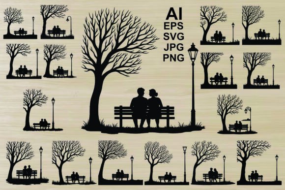 Silhouette Couple on Park Bench Bundle