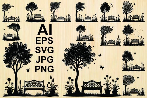 Tree with Bench Silhouette Vector Park
