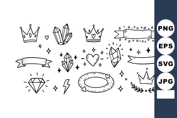 Whimsical Hand-Drawn Crowns, Crystals & Hearts